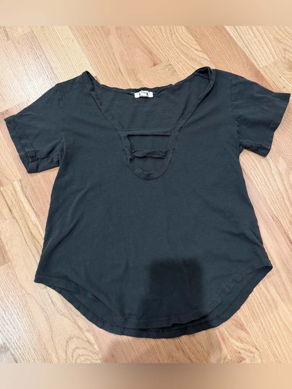 Lush Black Short Sleeve V-Neck Top with Strap Detail